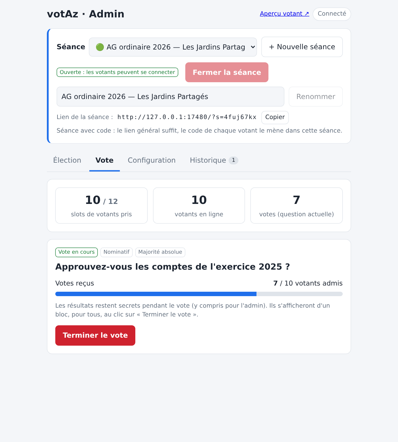 Vote en cours côté organisateur
