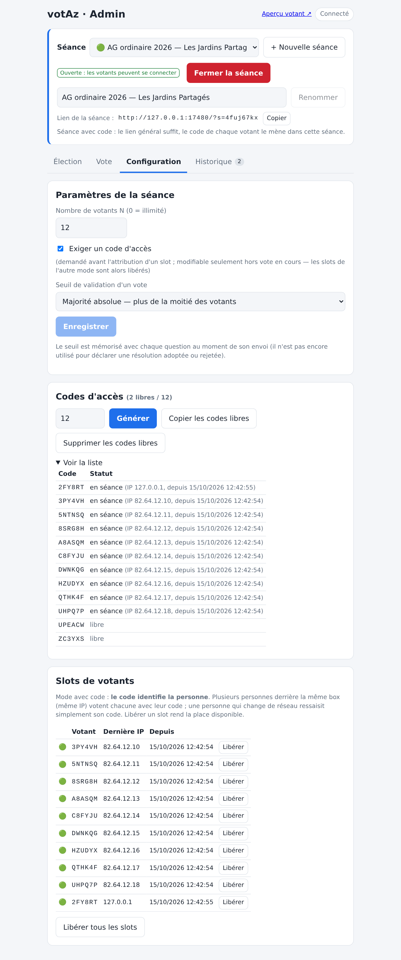 Configuration de la séance