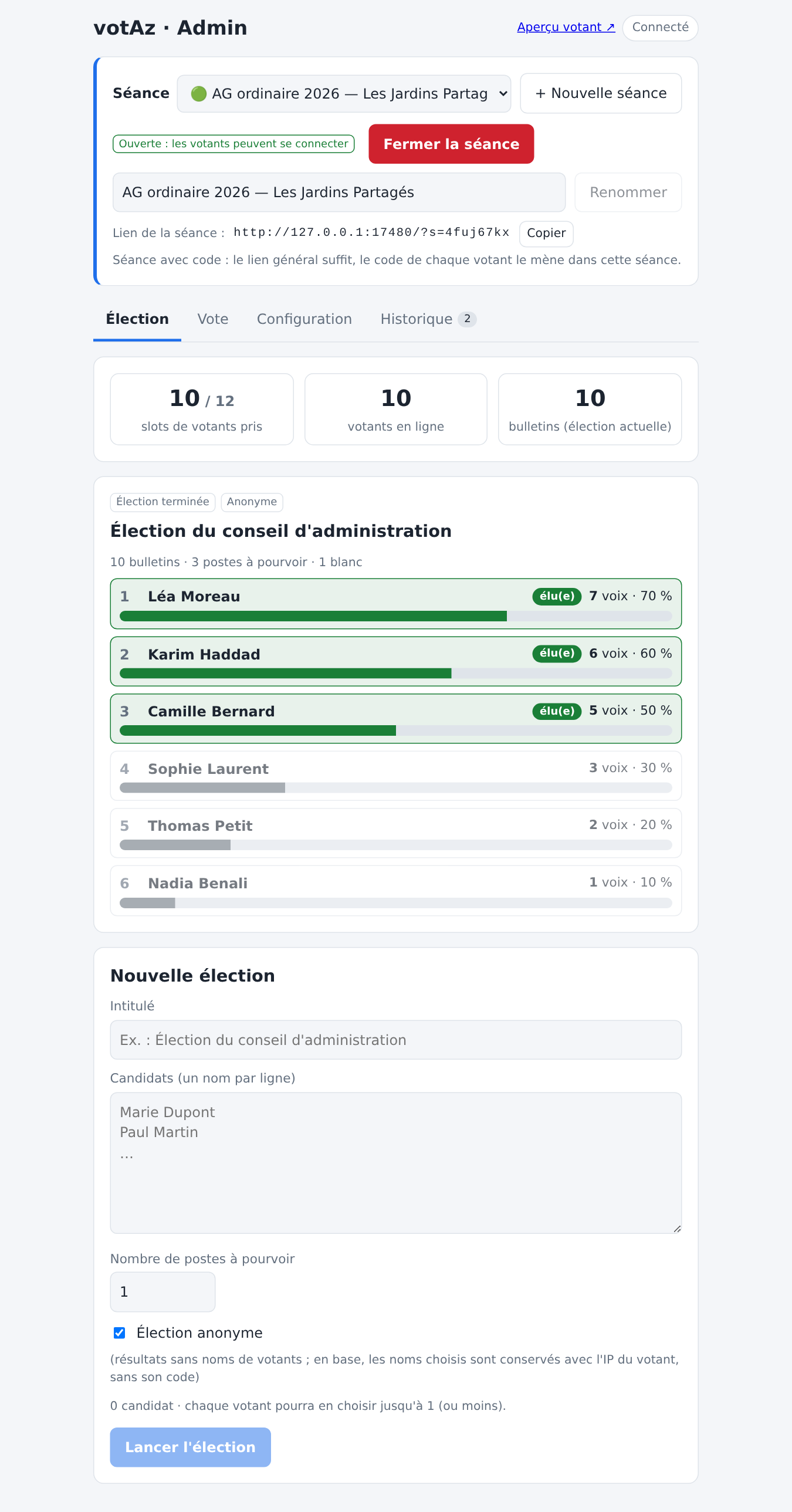 Résultat d'une élection côté organisateur