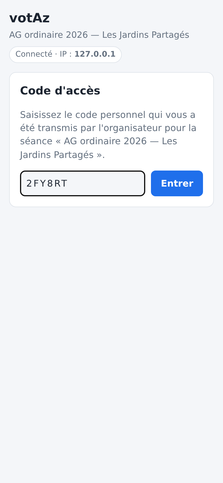Saisie du code d'accès